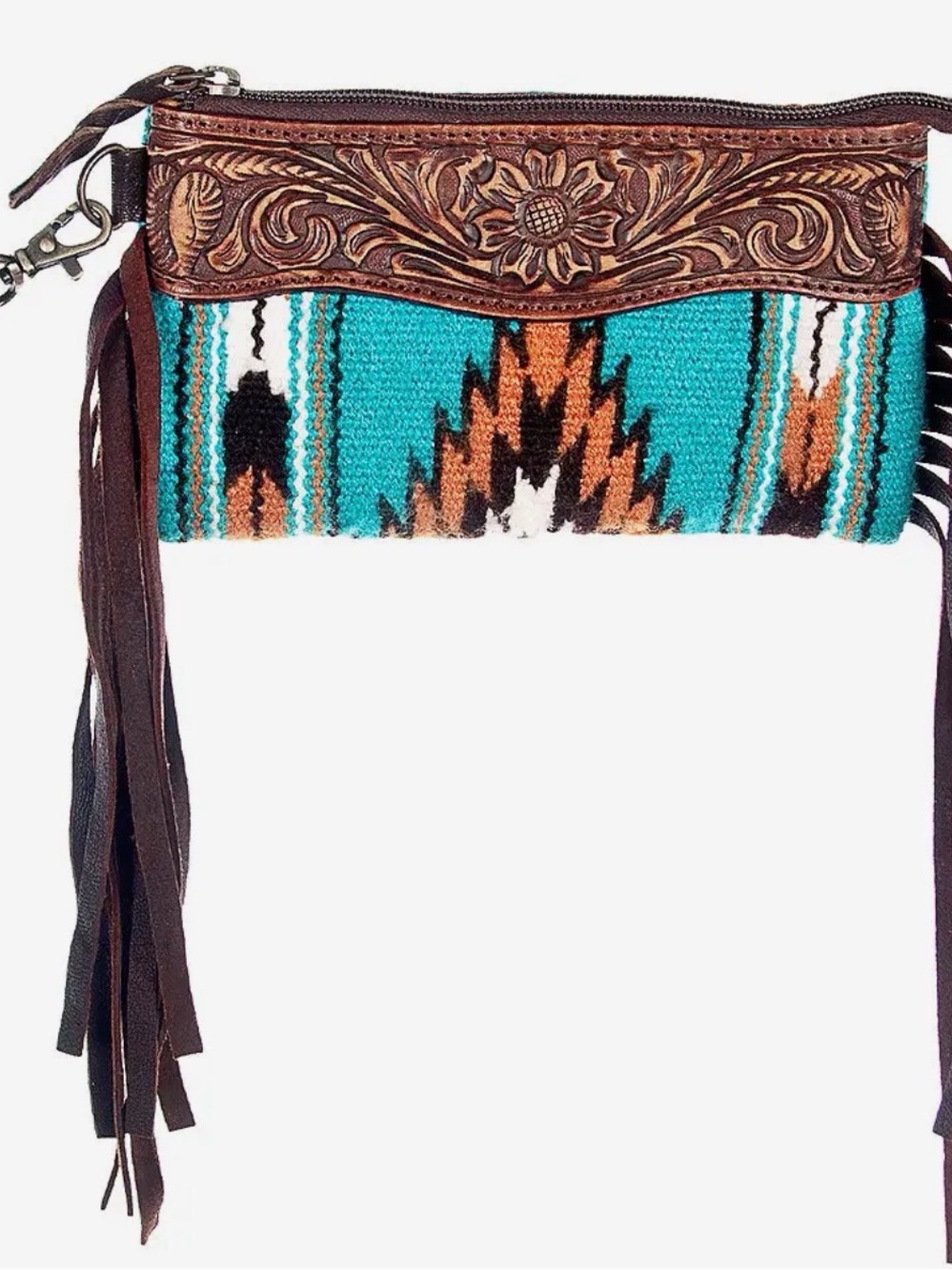 American Darling Turquoise Aztec Leather Fringe Wristlet